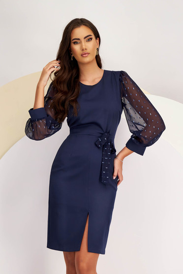 Navy Blue Knee-Length Pencil Dress Made of Stretch Fabric with Sheer Puff Sleeves - StarShinerS