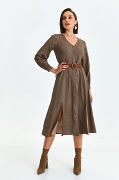 Brown dress thin fabric midi cloche accessorized with belt shirt dress