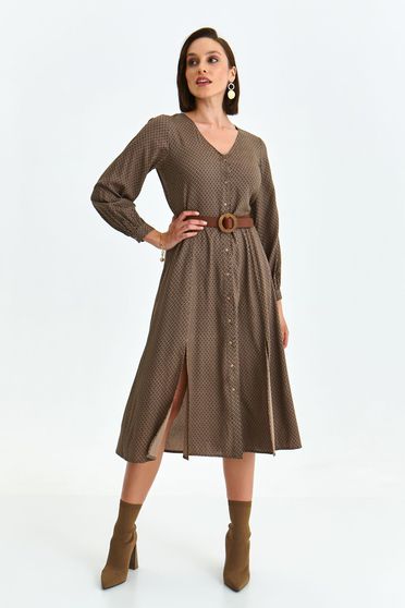 Brown dress thin fabric midi cloche accessorized with belt shirt dress