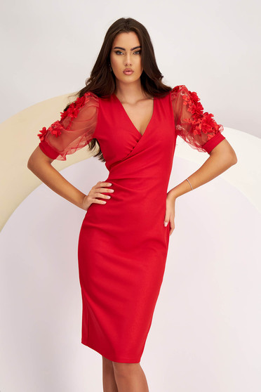 Online Dresses, - StarShinerS red dress crepe pencil with laced sleeves wrap over front - StarShinerS.com