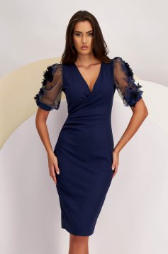 Navy Crepe Pencil Dress with Lace Sleeves and Wrap Neckline - StarShinerS
