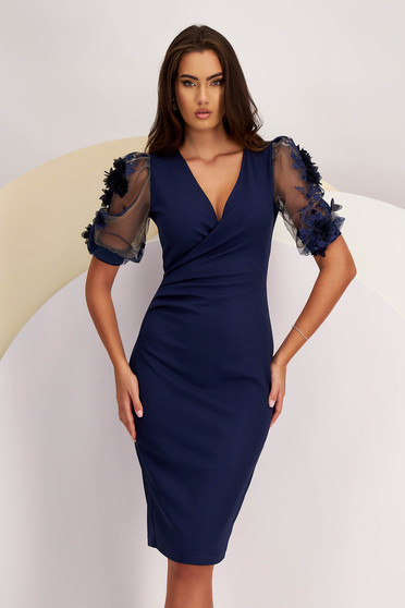 Online Dresses, - StarShinerS dark blue dress crepe pencil with laced sleeves wrap over front - StarShinerS.com
