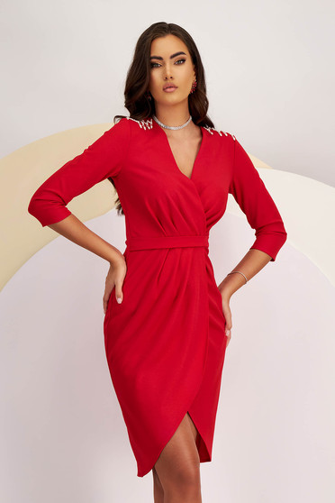 Knee-Length Red Crepe Pencil Dress with Pearl Fringe on the Shoulders - StarShinerS