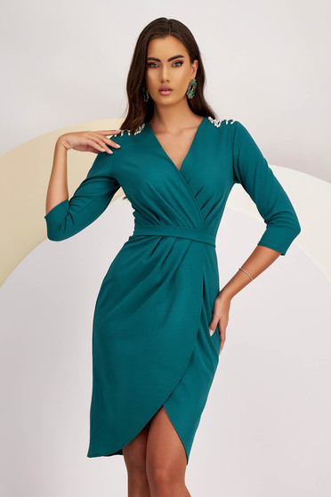 Knee-Length Green Crepe Pencil Dress with Pearl Fringe on the Shoulders - StarShinerS