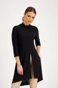 Ladies' black asymmetric thin elastic jersey blouse with front slit - StarShinerS