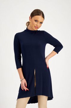 Navy Blue Asymmetric Ladies Blouse from Thin Elastic Jersey with Front Slit - StarShinerS