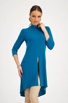 Petrol Blue Asymmetric Ladies Blouse from Thin Elastic Jersey with Front Slit - StarShinerS