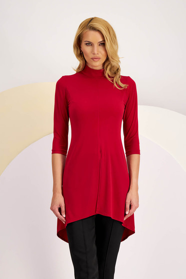 Ladies' red asymmetric thin elastic jersey blouse with front slit - StarShinerS