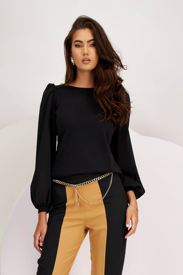 Women's blouse made of black crepe, fitted with puff sleeves made of veil - StarShinerS