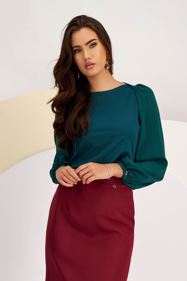 Long sleeves blouses, - StarShinerS darkgreen women`s blouse crepe tented with puffed sleeves with veil sleeves - StarShinerS.com