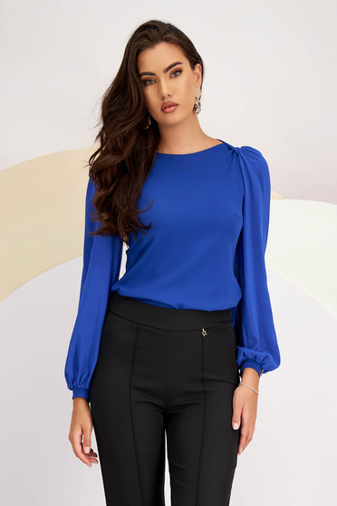 Long sleeves blouses, - StarShinerS blue women`s blouse crepe tented with puffed sleeves with veil sleeves - StarShinerS.com