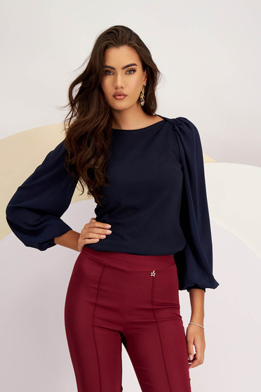 Navy Blue Crepe Women's Blouse with Puffy Voile Sleeves - StarShinerS