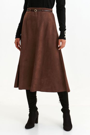 Skirts, Brown skirt from ecological leather from suede midi cloche accessorized with belt - StarShinerS.com