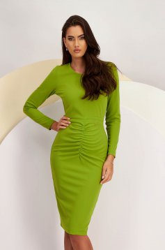 Olive Green Crepe Knee-Length Pencil Dress with Decorative Front Drapes - StarShinerS