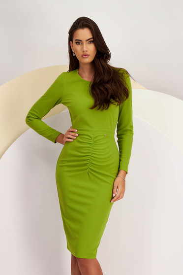 Office dresses - Page 3, Olive Green Crepe Knee-Length Pencil Dress with Decorative Front Drapes - StarShinerS - StarShinerS.com