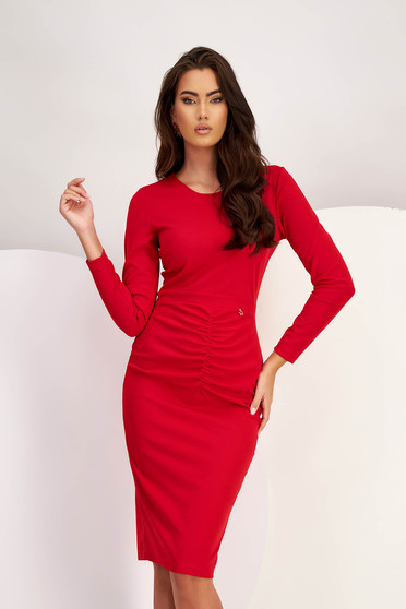 Office dresses - Page 3, Red crepe knee-length pencil dress with decorative front draping - StarShinerS - StarShinerS.com