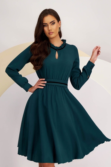 Dark Green Georgette Midi Dress in A-line with Elastic Waistband Accessorized with Detachable Belt - StarShinerS