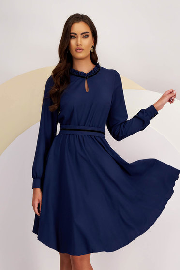 Navy Georgette Midi A-line Dress with Elastic Waistband Accessorized with Detachable Belt - StarShinerS