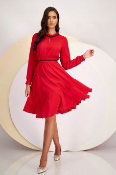 Red Georgette Midi Dress in A-line with Elastic Waist Accessorized with Detachable Cord - StarShinerS