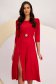 Red georgette midi dress with a flared cut and puffy shoulders accessorized with a brooch - StarShinerS 1 - StarShinerS.com