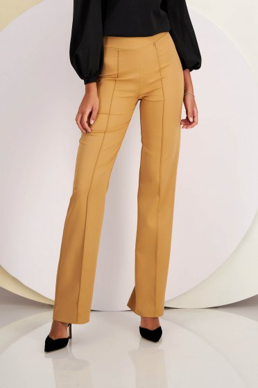 Trousers, High-Waisted Flared Long Nude Stretch Fabric Trousers - StarShinerS - StarShinerS.com