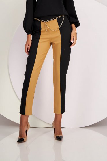 Trousers, Black tapered elastic fabric trousers with high waist accessorized with detachable metallic chain - StarShinerS - StarShinerS.com