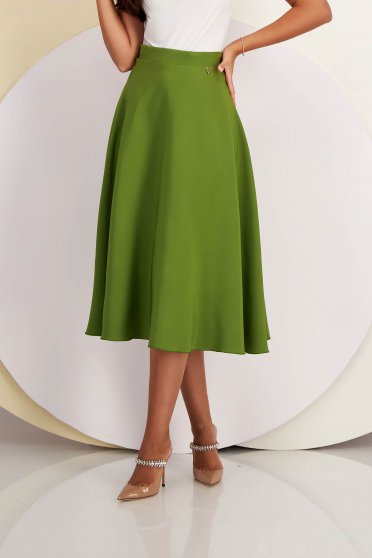 Office skirts, Midi Khaki Elastic Fabric Skirt in Flare - StarShinerS - StarShinerS.com