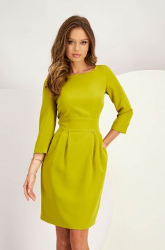 Olive Green Elastic Fabric Pencil Dress with Side Pockets and Three-Quarter Sleeves - StarShinerS