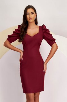 Cherry Elastic Fabric Knee-Length Pencil Dress with Puff Sleeves - StarShinerS