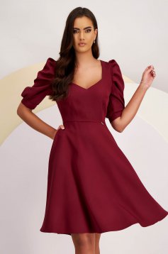 Burgundy Stretch Fabric Knee-Length Dress with Side Pockets and Puff Sleeves - StarShinerS
