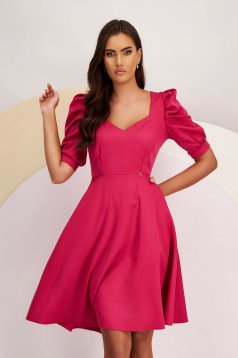 Pink Elastic Fabric Dress Knee-Length A-Line with Side Pockets and Puffy Sleeves - StarShinerS