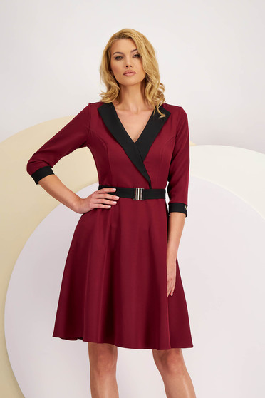 Red dresses, - StarShinerS burgundy dress elastic cloth cloche lateral pockets accessorized with tied waistband - StarShinerS.com