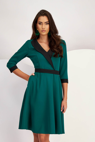 Short dresses, - StarShinerS green dress elastic cloth cloche lateral pockets accessorized with tied waistband - StarShinerS.com