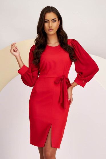 Red Elastic Fabric Pencil Dress with Voal Sleeves up to the Knee - StarShinerS
