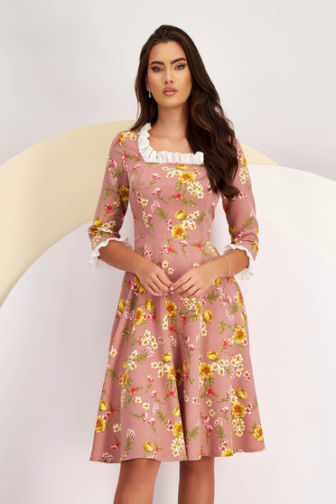 Pink Midi Elastic Fabric Dress with Digital Floral Print - StarShinerS