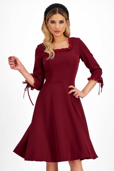 Cherry Elastic Fabric Dress Knee Length A-line with Decorative Ruffles - StarShinerS