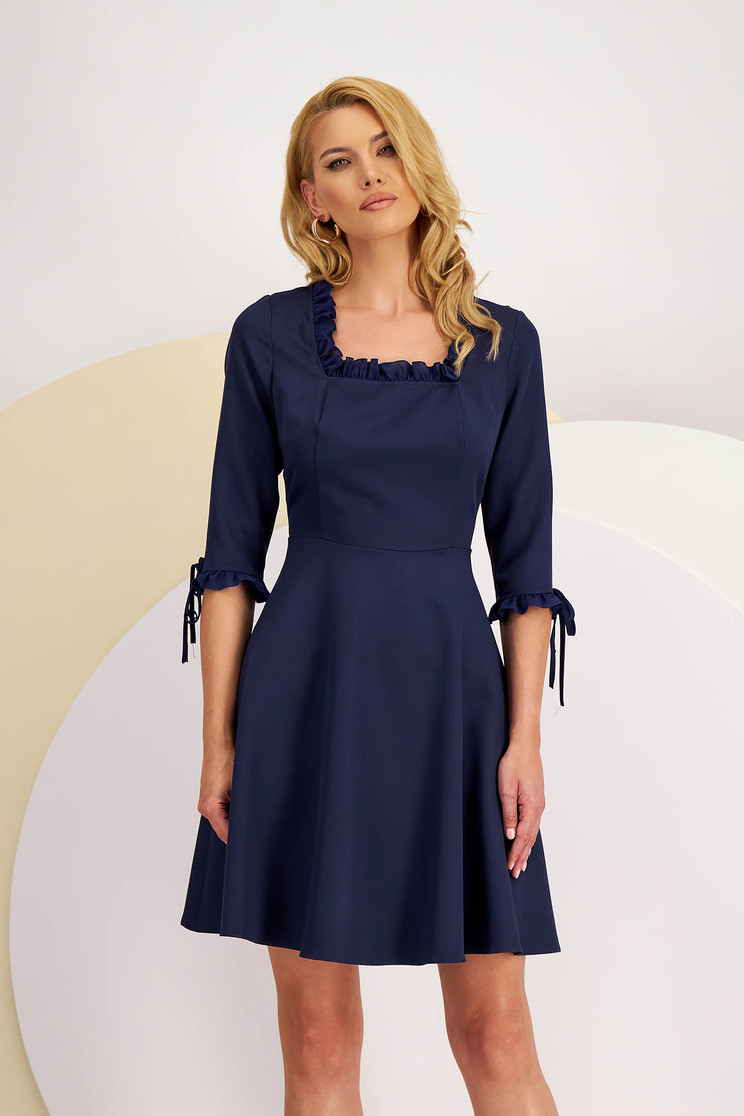 Rochie din stofa elastica bleumarin pana la genunchi in clos cu volanase decorative - StarShinerS - Rochii-Dama.ro