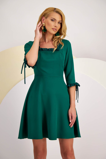 Dark Green Elastic Fabric Knee-Length Dress with Decorative Ruffles - StarShinerS