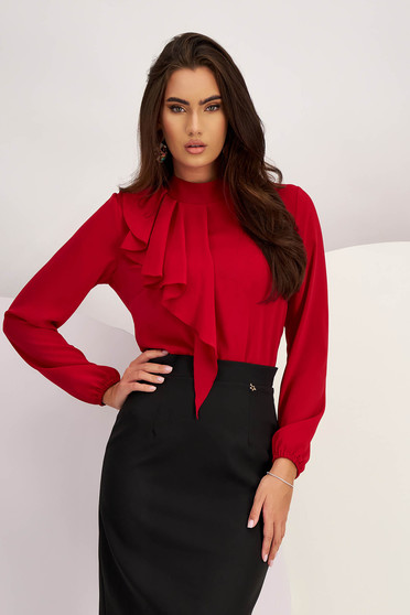 Office Blouses, - StarShinerS red women`s blouse from veil fabric loose fit with ruffle details - StarShinerS.com