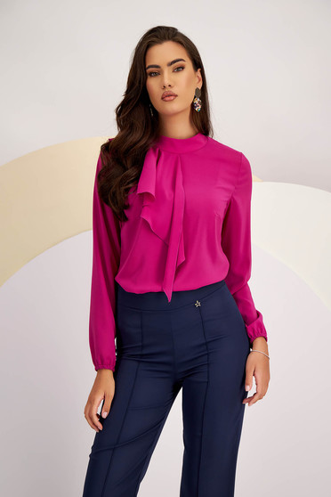 Raspberry Voile Women's Blouse with Wide Cut and Decorative Front Frill - StarShinerS