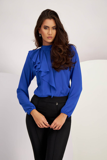 Long sleeves blouses, - StarShinerS blue women`s blouse from veil fabric loose fit with ruffle details - StarShinerS.com