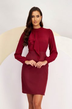 Voile and Stretchy Cherry Short Pencil Dress with Front Ruffle - StarShinerS