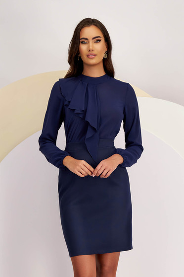 Office dresses - Page 2, Navy Blue Short Pencil Dress made of Chiffon and Elastic Fabric with Front Ruffle - StarShinerS - StarShinerS.com
