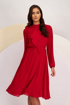 Red midi veil dress in skater style with waist elastic and front ruffle - StarShinerS