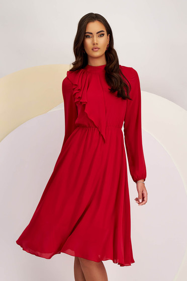 Office dresses - Page 3, Red midi veil dress in skater style with waist elastic and front ruffle - StarShinerS - StarShinerS.com