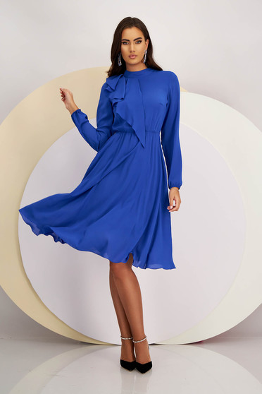 Winter dresses, - StarShinerS blue dress from veil fabric midi cloche with elastic waist with ruffle details - StarShinerS.com