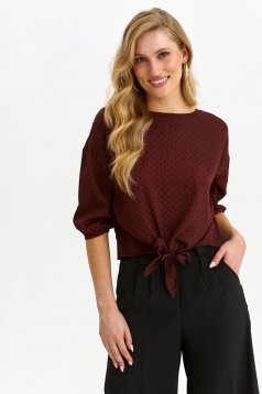 Burgundy women`s blouse thin fabric loose fit with 3/4 sleeves with puffed sleeves