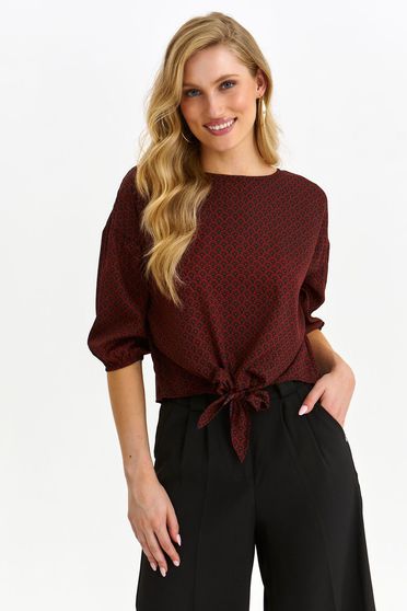 Burgundy women`s blouse thin fabric loose fit with 3/4 sleeves with puffed sleeves