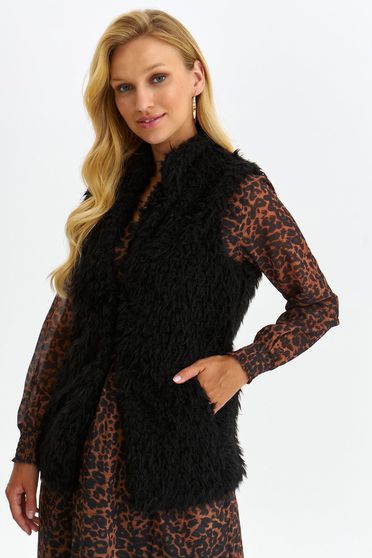 Ecological fur vests, Black gilet from ecological fur lateral pockets - StarShinerS.com
