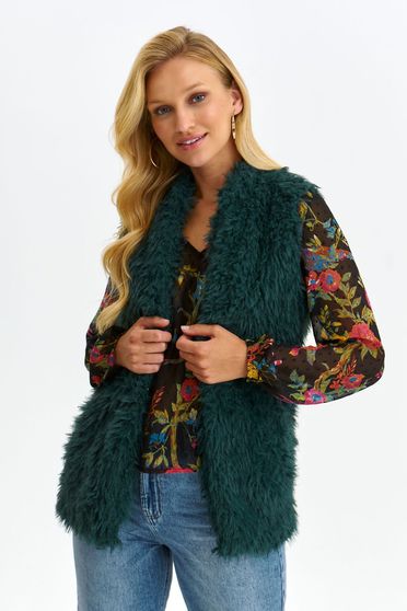 Casual vests, Darkgreen gilet from ecological fur arched cut lateral pockets - StarShinerS.com